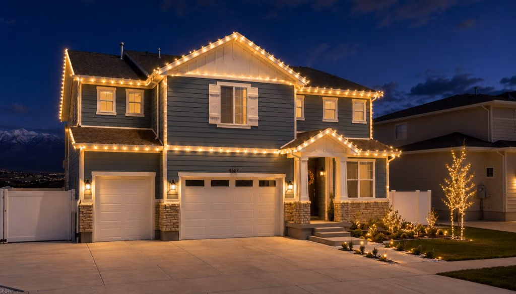 Same Utah home after professional Christmas light installation