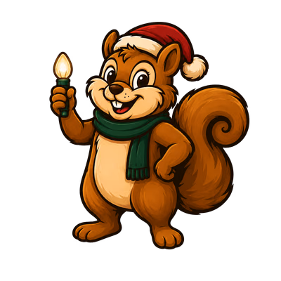 Chestnut & Cheer mascot holding a Christmas light bulb