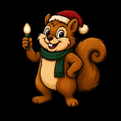 Chestnut & Cheer mascot holding a Christmas light bulb