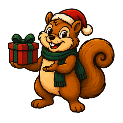 Chestnut & Cheer mascot holding a Christmas present