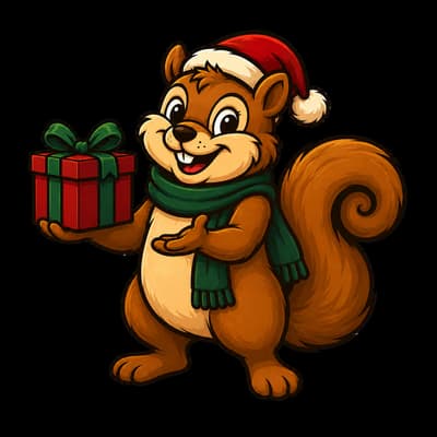 Chestnut & Cheer mascot holding a Christmas present