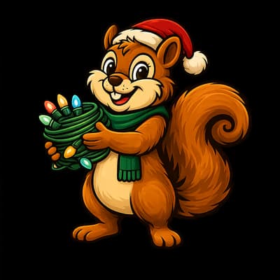 Chestnut & Cheer mascot holding a bundle of Christmas lights