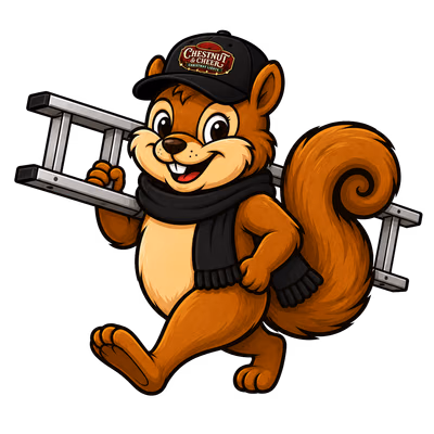 Chestnut & Cheer mascot carrying a ladder