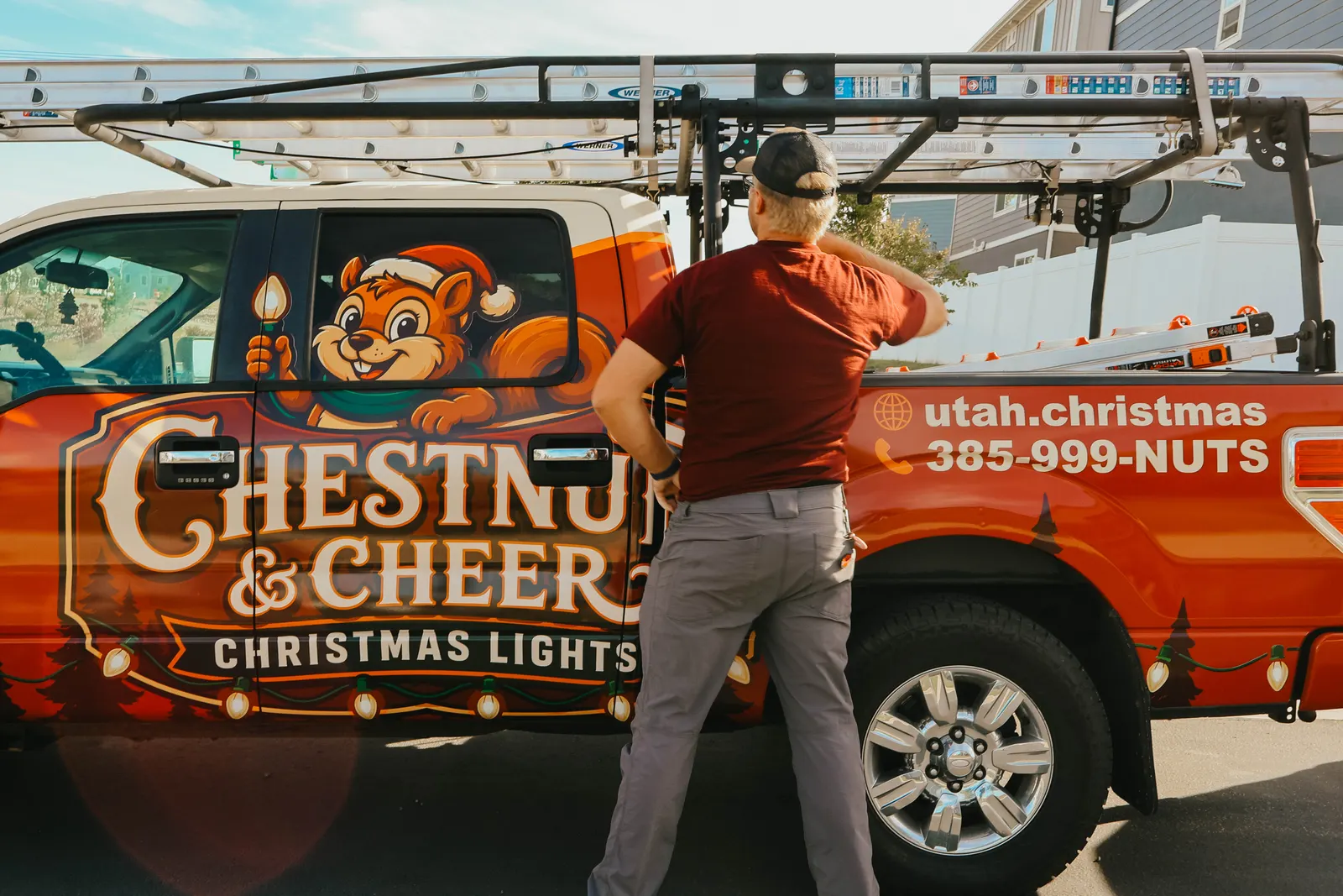 Chestnut & Cheer Christmas lighting service truck serving Utah County and Salt Lake County